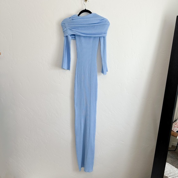 Ser.o.ya‎ | Galleria Rib Knit Off-Shoulder Semi-Sheer Maxi Dress in Powder Blue - Picture 6 of 9